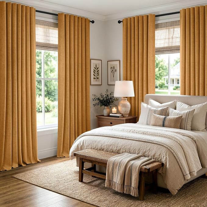 MIULEE Fall 100% Blackout Linen Curtains 42" x 90" Mustard Yellow 2 Panels | - Image 8