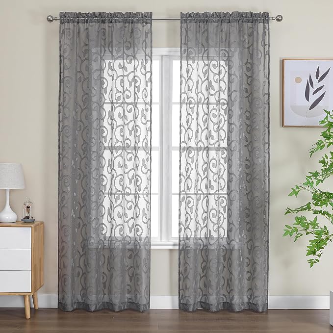 OWENIE Furman Sheer Charcoal Gray Curtains 90 inches Long - Image 2