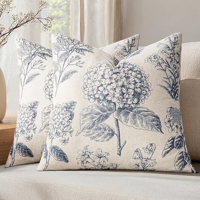 Set of 2 Decorative Floral Pillow Covers 18x18 Inch Light Blue | Neutral by SWANCOCO