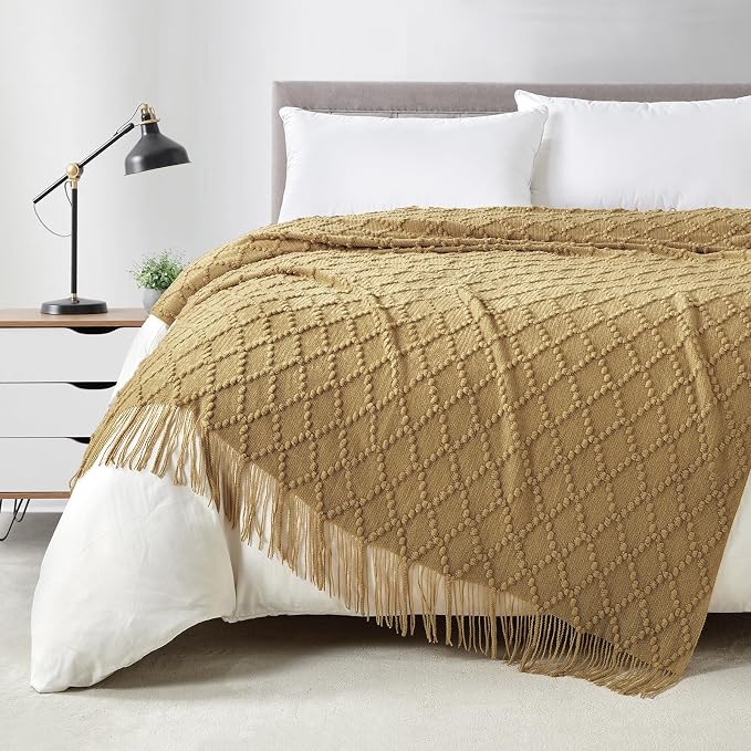 BOURINA Mustard Throw Blanket 50 x70 Inches Jacquard Argyle Throw Textured by BOURINA