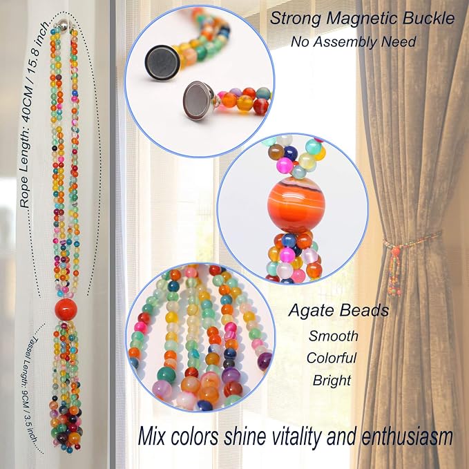 Magnetic Curtain Tiebacks, 2 Pack Colorful Agate Tassel Curtain Drapery - Image 3