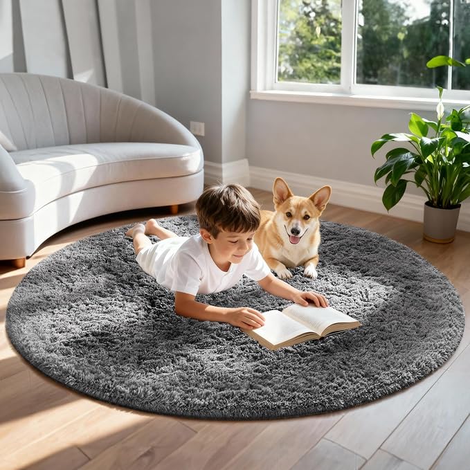 Ophanie Round Rug 6Ft Grey Circle Area Rugs, Fluffy Fuzzy Large Bedroom Carpet - Image 3
