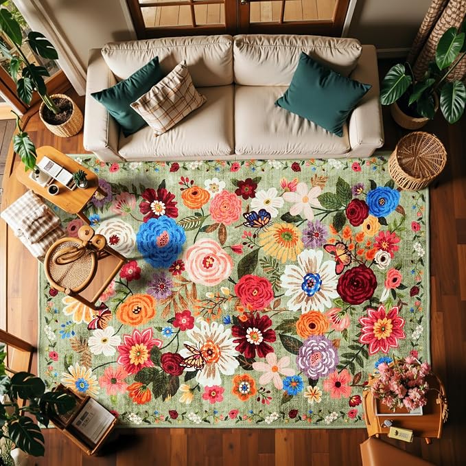 Floral Washable 6x9 Area Rugs Green, Soft Bedroom Rug by WelcometoBabovid