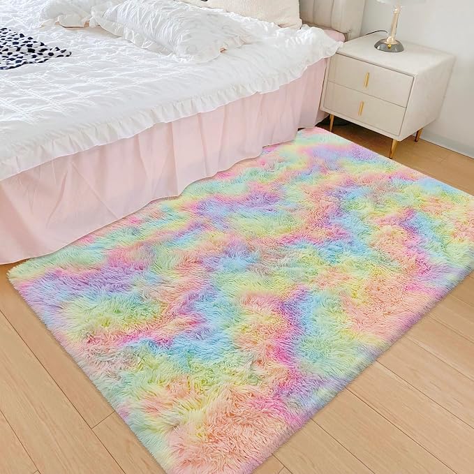 Small Fluffy Rainbow Colorful Area Rug - Image 3