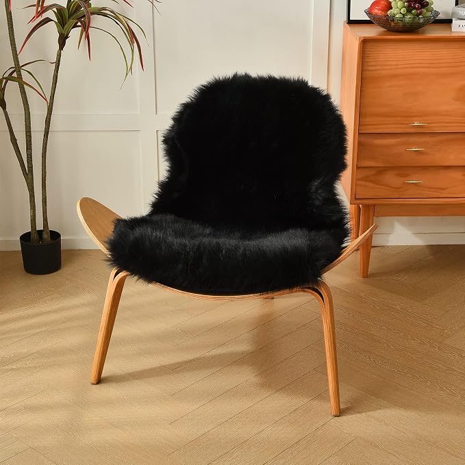 duduta Black Faux Sheepskin Fur Throw Rug 2x3 ft, Fluffy Shag Chair Cover Small - Image 3
