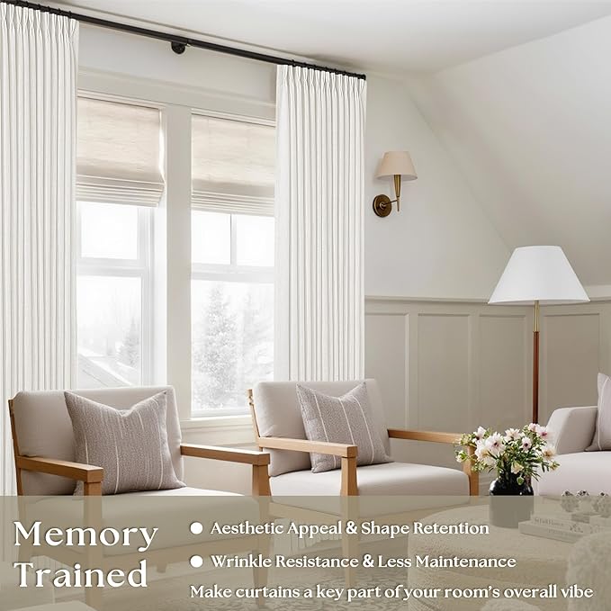 Beige White Pinch Pleated Linen Curtains 126 Inches Long 2 Panels | 400GSM - Image 2