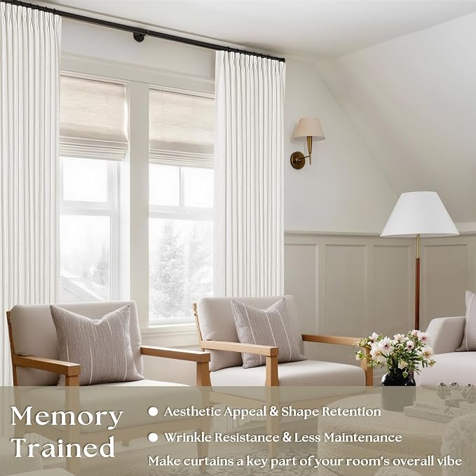 Beige White Pinch Pleated Linen Curtains 112 Inches Long 2 Panels | 400GSM - Image 4