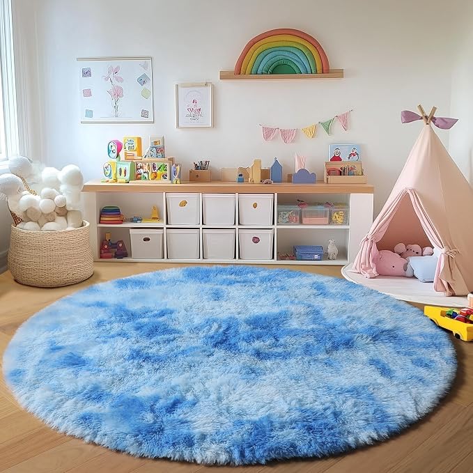 ONASAR Round Rugs 6ft for Living Room Bedroom, Tie-Dye Blue Fluffy Circle Area - Image 3