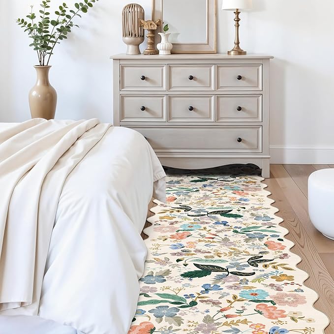 Hallway Floral 2'6x14 Runner Rugs: Washable Scalloped Soft Carpet - Image 4