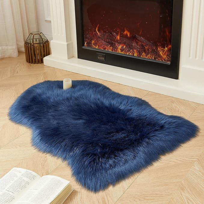 AMTOVO Faux Fur Rug, Dark Blue Small Area Rug, Fluffy Sheepskin Rug, Fuzzy - Image 6