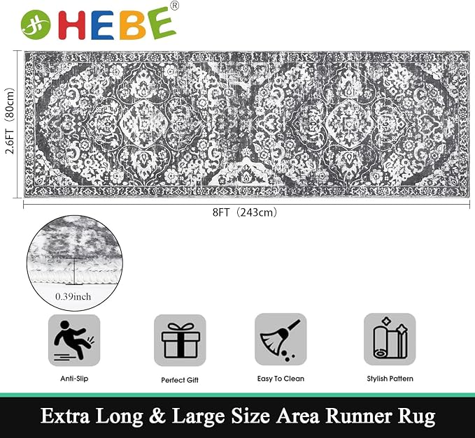 HEBE Hallway Runner Rug 2'8''x8' Washable Vintage Distressed Area Rugs Non Slip - Image 2