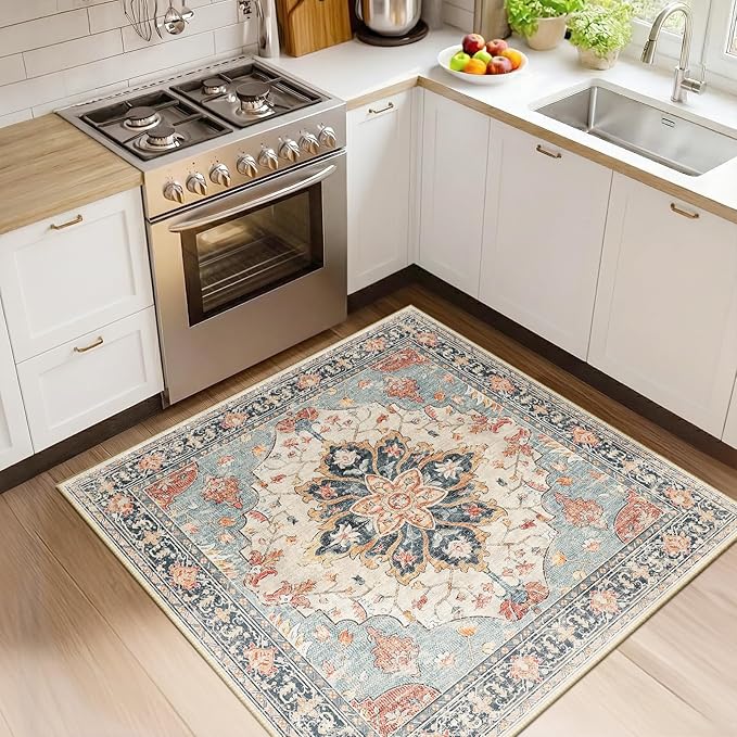 Area Rugs Square 4ft Washable Non-Slip, Floral Vintage Distress Print Pattern by RELEANY