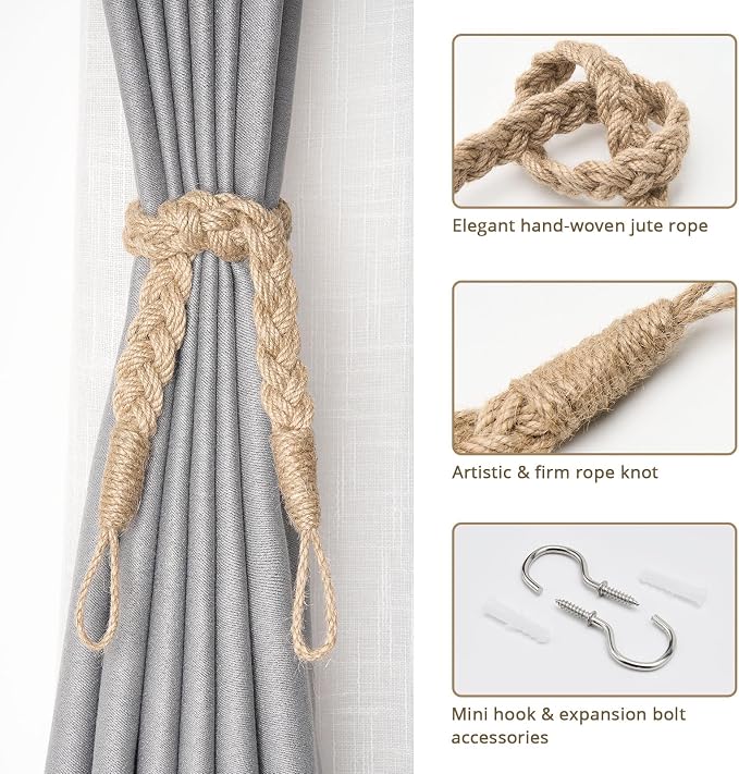 NICEEC 2 Pack Natural Jute Rope Curtain Tiebacks Elegant Boho Style Decorative - Image 2