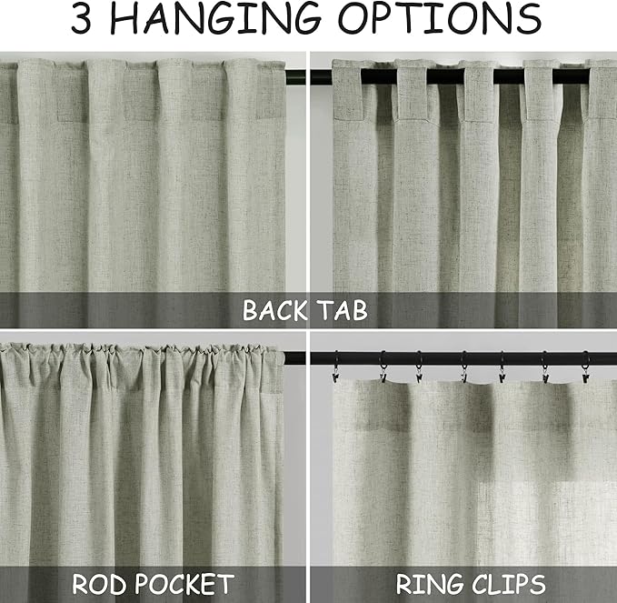 Sage Green Large Window Curtains Light Filtering Semi Sheer Privacy Linen - Image 3