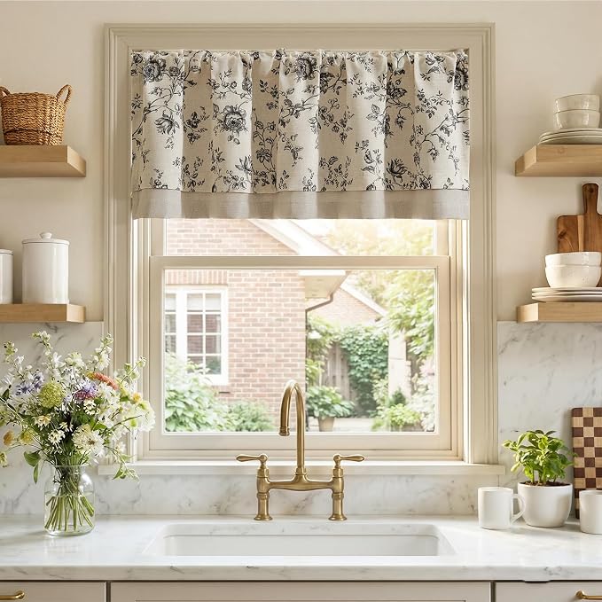 jinchan Amlie Floral Linen Valance Curtain Farmhouse Kitchen Valance - Image 2