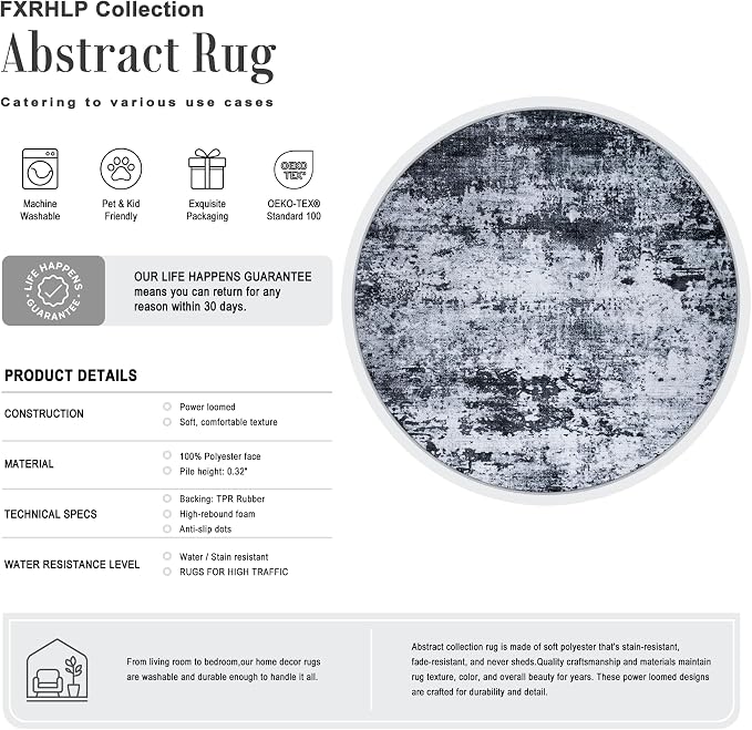 Round Area Rug Living Room: 8 ft Modern Washable Carpet Black | - Image 2