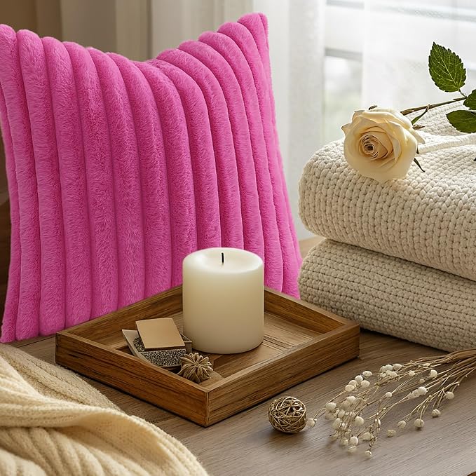decorUhome Fall Faux Fur Throw Pillow Covers 12x20 Set of 2 Hot Pink | - Image 9