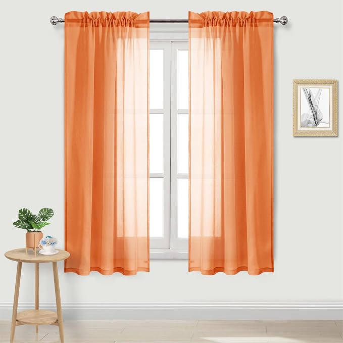 DWCN Sheer Orange Curtains 63 inch Length 2 Panels Set, Rod Pocket Solid Color by DWCN