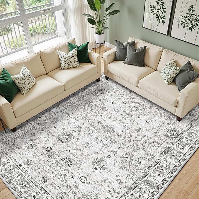 Floral Washable 6x9 Area Rugs, Soft Grey White Bedroom Rug by WelcometoBabovid