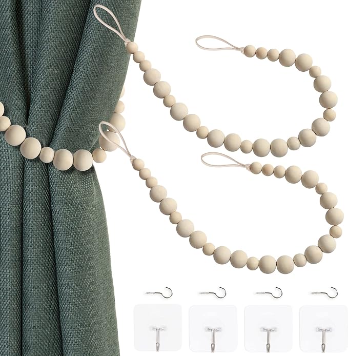 OCIOLI 2 Pieces of Wood Bead Curtain Tieback Boho Curtain Tiebacks Curtain by OCIOLI