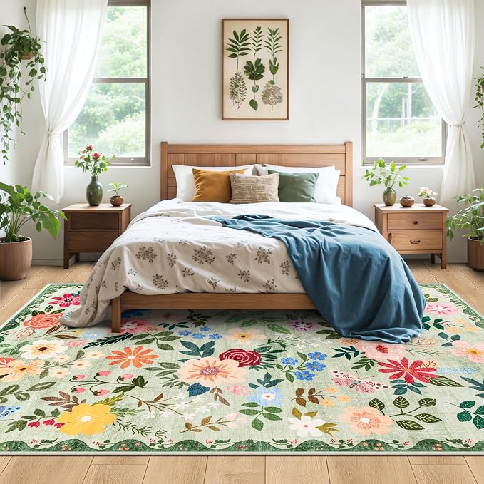 Area Rug Living Room Rugs: Floral 5x7 Washable Rug Vintage Soft Boho Non-Slip - Image 3