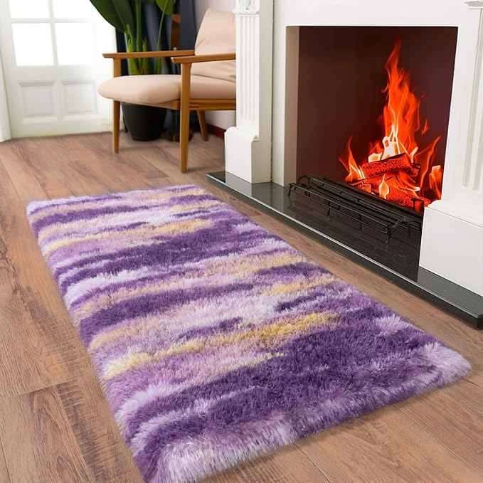Soft Runner Rugs for Bedroom Hallways, 2x4 Abstract Purple Fluffy Shag Throw - Image 4
