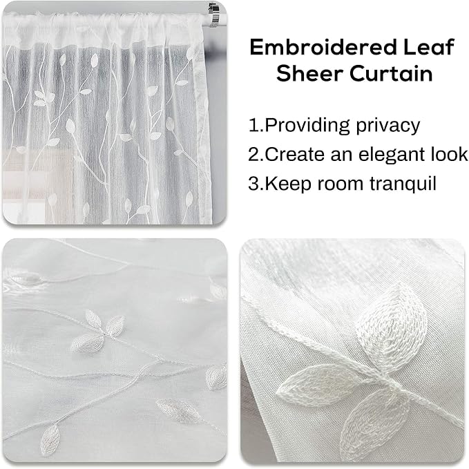 AmHoo 2 Panels Embroidered Leaf Pattern Semi Sheer Curtains Foliage Floral - Image 4