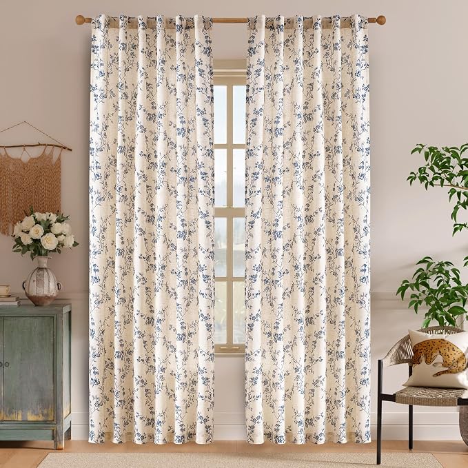 Lazzzy Blue Floral Linen Curtains 84 Inch Length Farmhouse Curtain Back Tab - Image 2