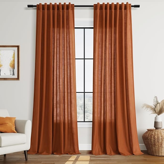 Rust Linen Curtains for Living Room 120 Inches Long Light Filtering Semi Sheer by Nanspring