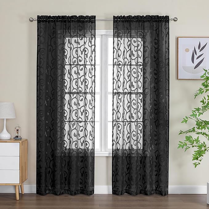 OWENIE Furman Black Sheer Curtains 72 inches Long 2 Panels Set, Light Filtering by OWENIE