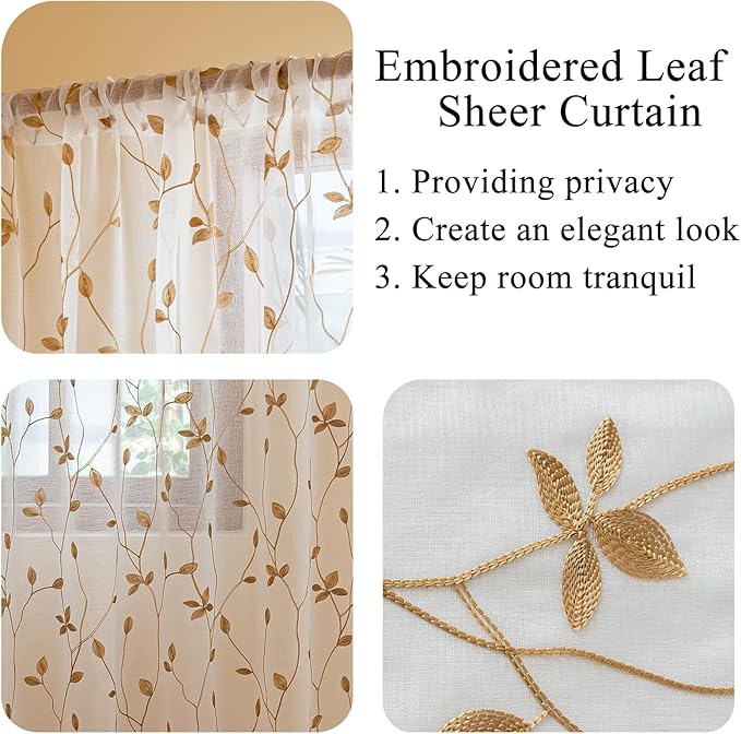 AmHoo 2 Panels Embroidered Leaf Pattern Semi Sheer Curtains Foliage Floral - Image 4