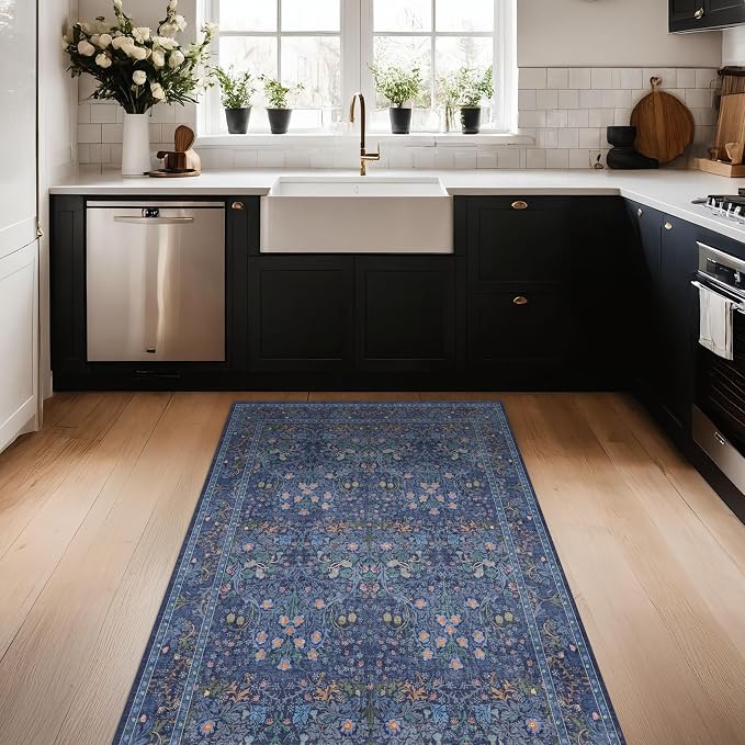 Vintage Dark Blue 3x4 Entryway Rug, Washable Small Area Rugs - Image 3