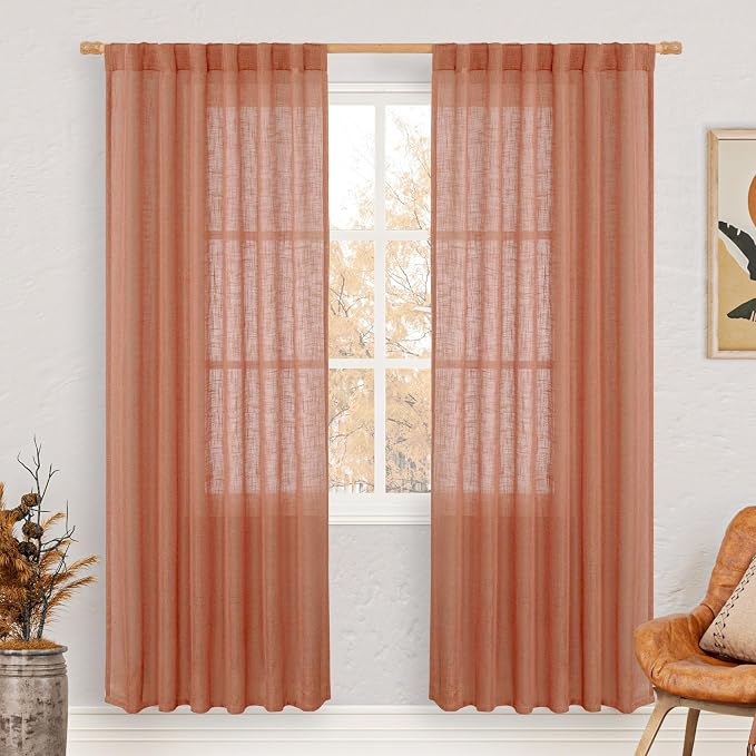 LAMIT Terracotta Linen Boho Curtains 80 inch Length, Light Filtering Semi Sheer by LAMIT