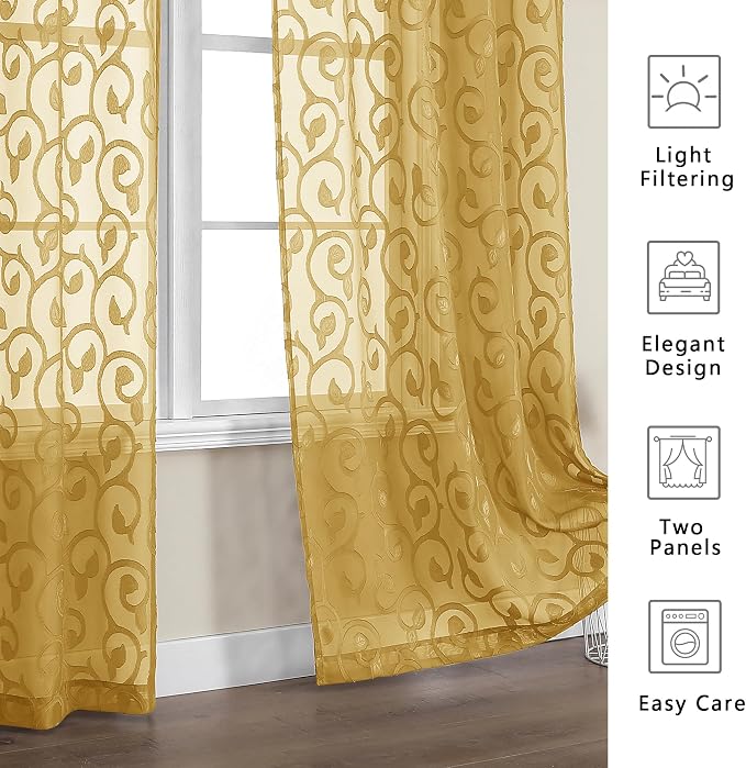 OWENIE Furman Gold Sheer Curtains 96 inches Extra Long - Image 3