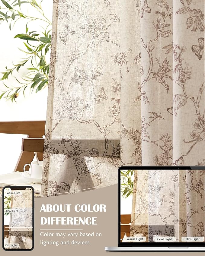 jinchan Floral Linen Curtains for Living Room 84 Inch Length Butterfly Curtain - Image 7