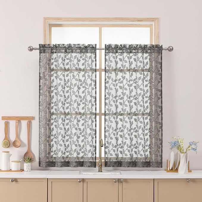 Chyhomenyc Charcoal Grey Sheer Curtains 36 Inch Length, Light Filtering Leaf by Chyhomenyc