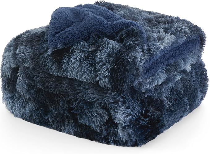 Bedsure GentleSoft Fluffy Tie Dye Navy Blue Blankets Queen Size - Image 8