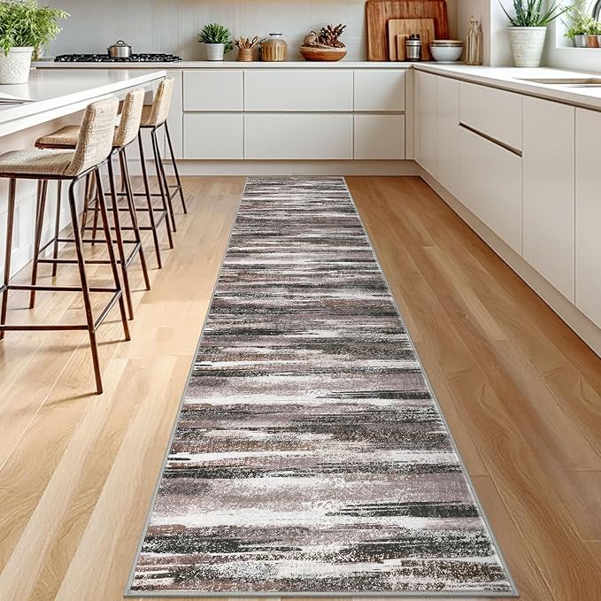 Lansny Modern Abstract Runner Rug 2.6x12, Dark Light Brown White Washable Long - Image 2