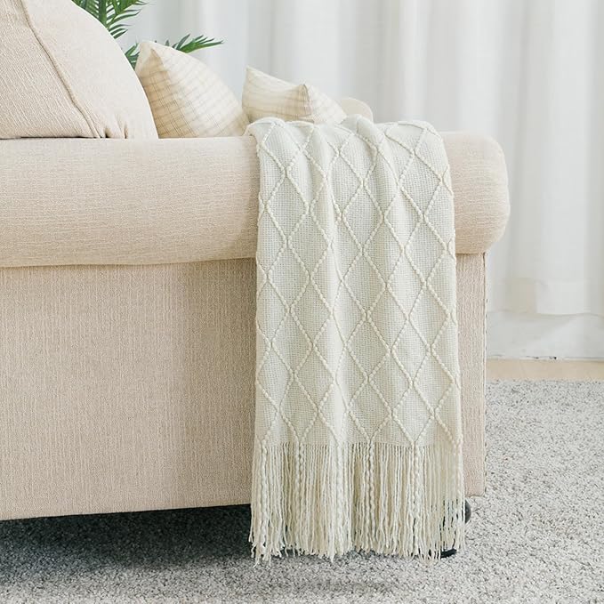 BOURINA Beige Throw Blanket 50 x90 Inches Throw Textured Solid Soft Sofa Throw - Image 2