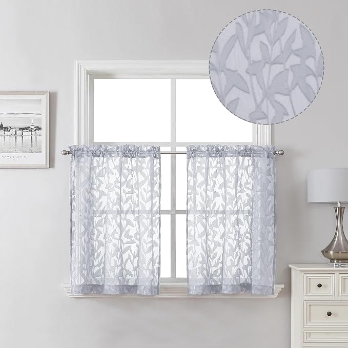 Lecloud Leia Light Grey Kitchen Sheer Curtains 24 Inch Length 2 Pcs, Jacquard by Lecloud