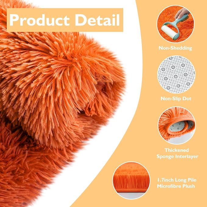 Orange Fluffy Round Rug, Soft Area Rugs - Image 3
