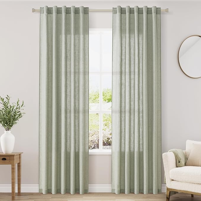 Sage Green Linen Blend Drapes 84 Inch Length 2 Panels Set Back Tab Rod Pocket by Nanspring