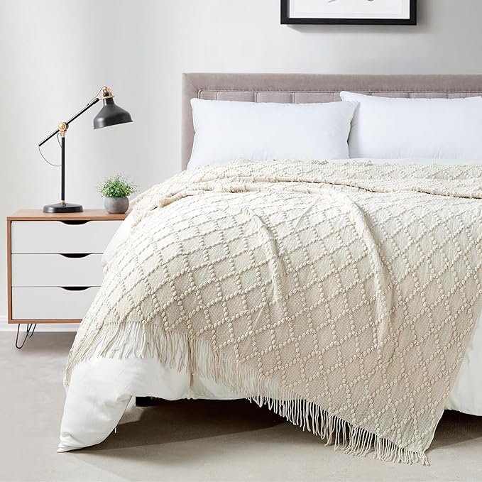 BOURINA Beige Throw Blanket 50 x70 Inches Jacquard Argyle Throw Textured Solid by BOURINA