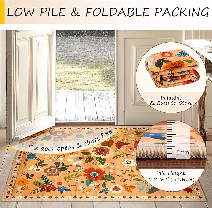 RELEANY Floral Washable 6x9 Area Rugs Yellow/Orange/Red | Flower Carpet Print - Image 4