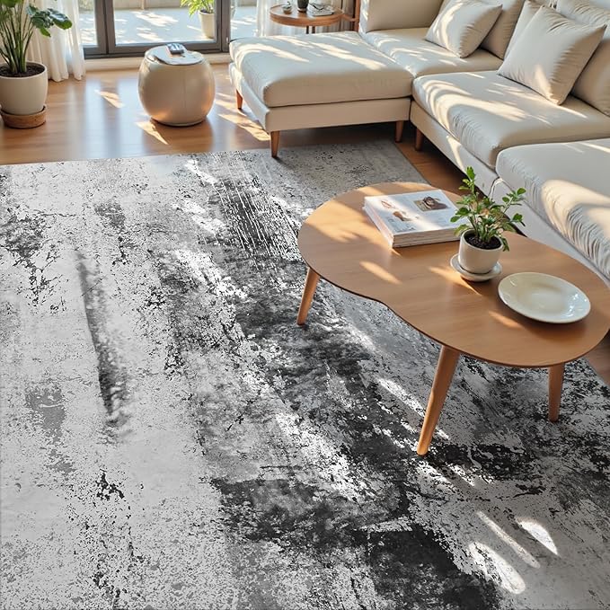 Living Room Rug 9x11 Ink Black Area Rugs Machine Washable Abstract Boho Large - Image 3
