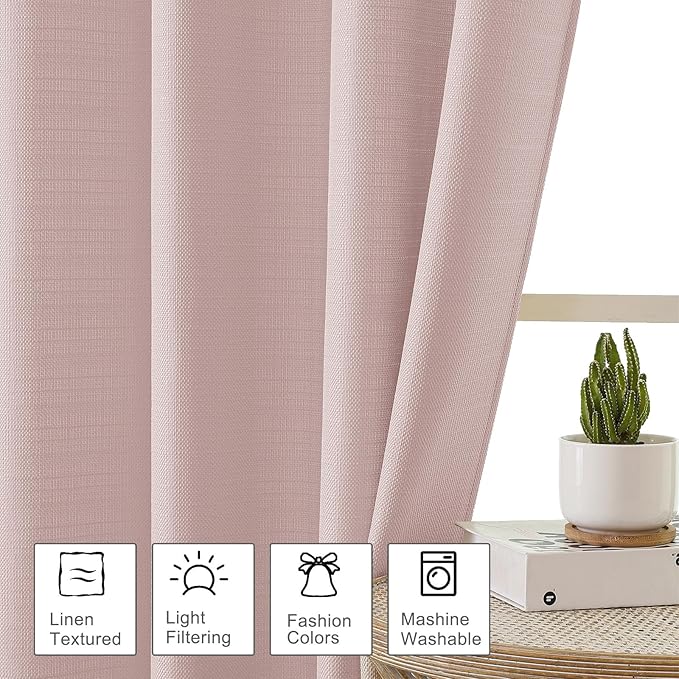 OWENIE Bob Valance Curtains 18 Inch Length 1 Piece, Faux Linen Slub Solid Blush - Image 2
