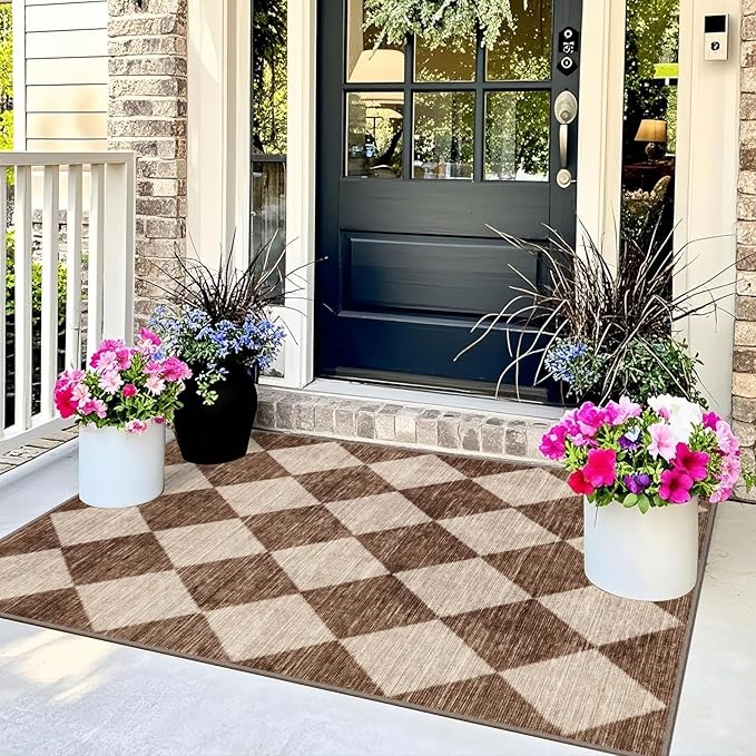 Brown Beige Checkered Entry Rug - Image 4