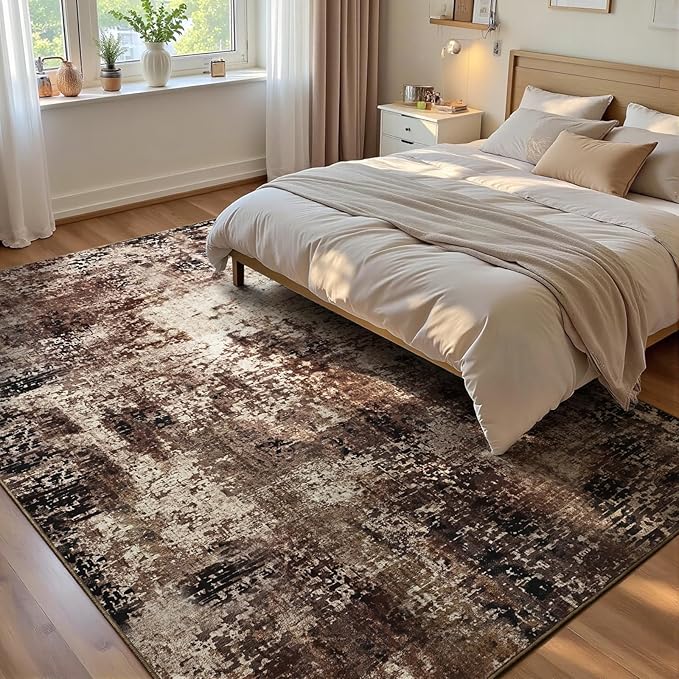 Ompaa Living Room Rug 5x7 Brown Area Rug Machine Washable Boho Coffee Rug Non by OmpaaHomeDecor