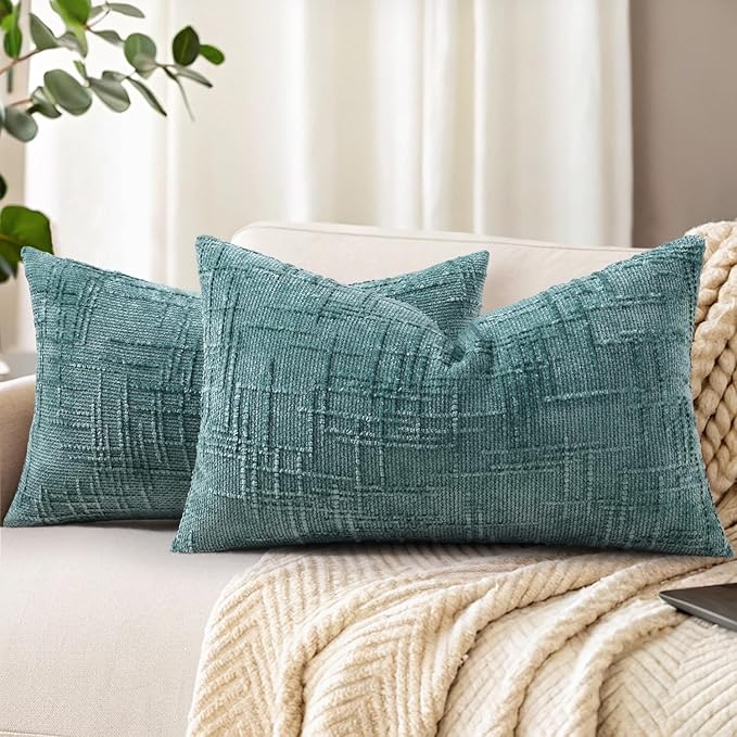 decorUhome Summer Teal Chenille Throw Pillow Covers 12x20 Set of 2 Textured by decorUhome