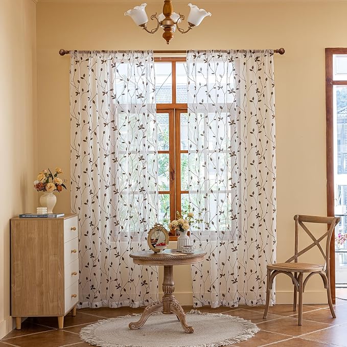 AmHoo 2 Panels Embroidered Leaf Pattern Semi Sheer Curtains Foliage Floral - Image 2